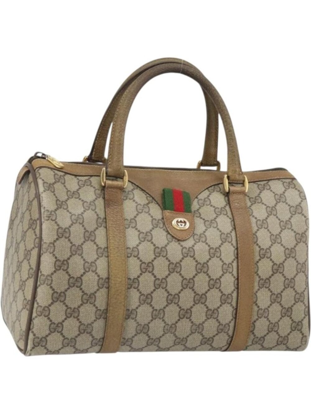 GUCCI GG Supreme Web Sherry Line Boston Bag PVC Beige Gold 40 02 007